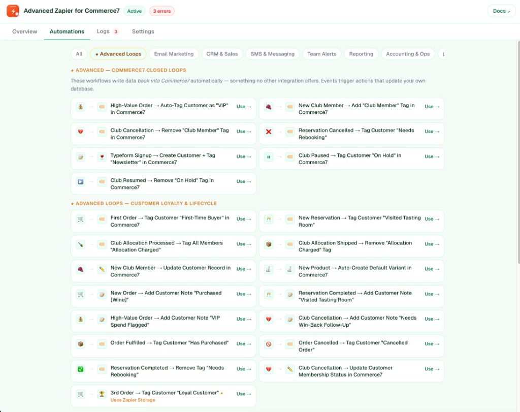 Logs tab: send test event, delivery log, payload inspector